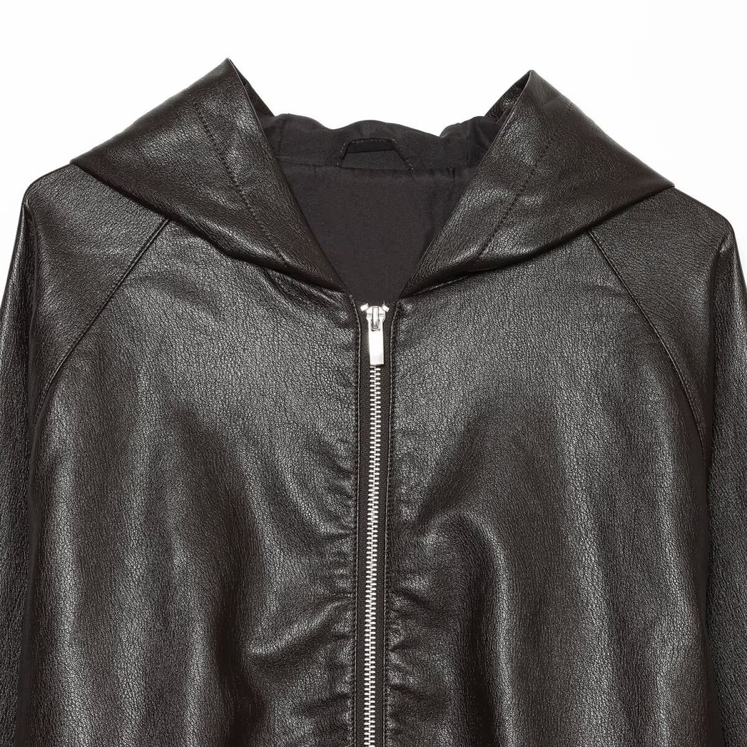 Women's Cropped Faux Leather Bomber Jacket with Hood, Drawstring and Elastic Cuffs Mune Fashion