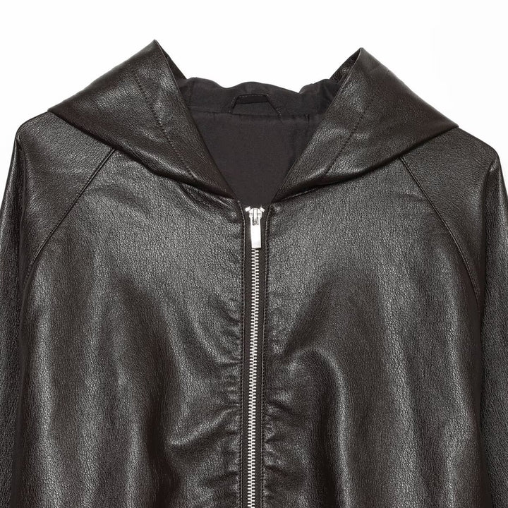 Women's Cropped Faux Leather Bomber Jacket with Hood, Drawstring and Elastic Cuffs Mune Fashion