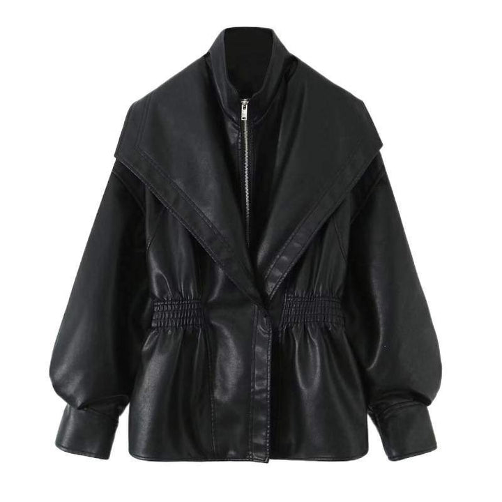 Women's Faux Leather Jacket with Wide Shawl Collar and Gathered Waistband Mune Fashion