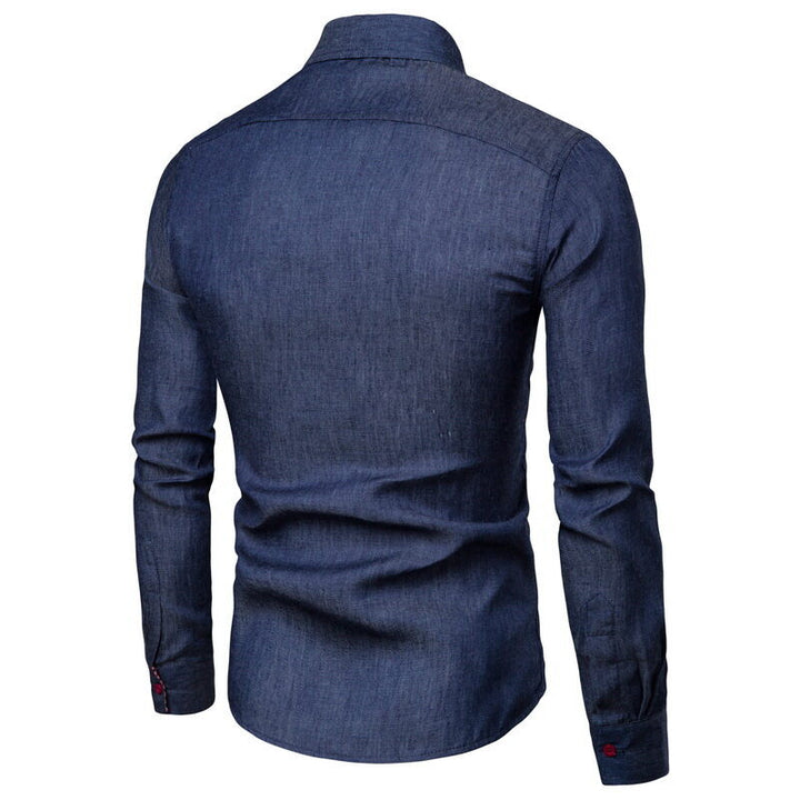 Men's Slim-Fit Stretch Denim Shirt with Check Collar and Decorative Chest Strip Mune Fashion