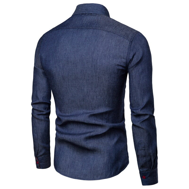Men's Slim-Fit Stretch Denim Shirt with Check Collar and Decorative Chest Strip Mune Fashion