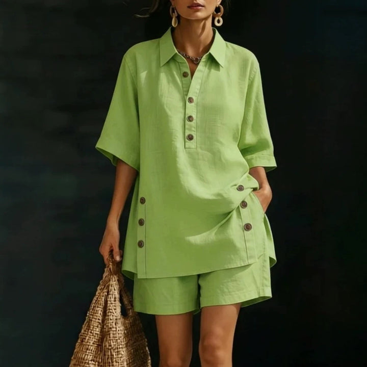 Women's airy linen-look two-piece set with oversized shirt blouse, button placket, and Bermuda shorts Mune Fashion