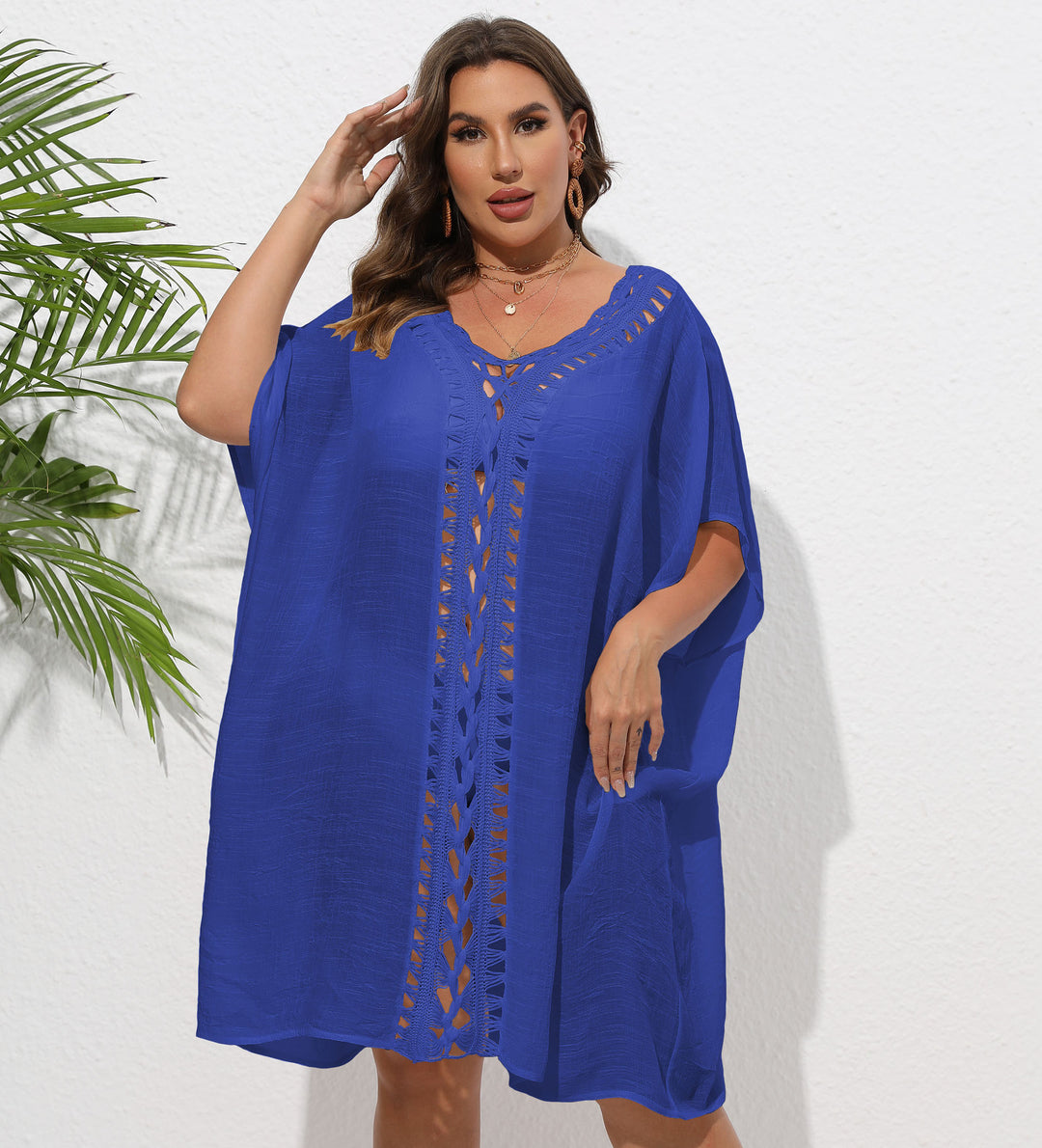 Women Airy Beach Kimono with Decorative Crochet Lace Mune Fashion