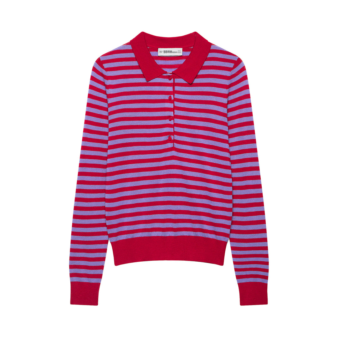 Women's Striped Cropped Polo Cardigan made of Fine Knit with Button Placket Mune Fashion