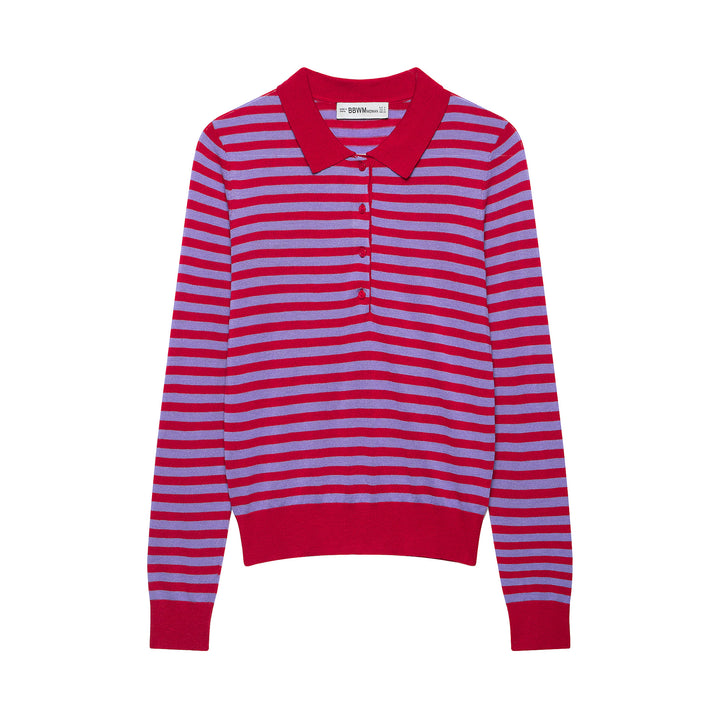 Women's Striped Cropped Polo Cardigan made of Fine Knit with Button Placket Mune Fashion