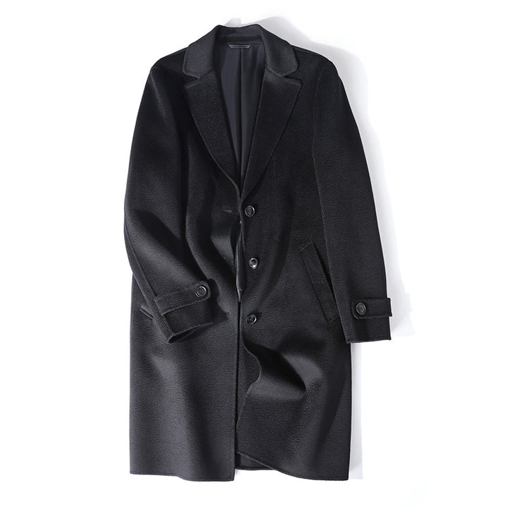 Men's Single-Breasted Wool Blend Coat with Notched Lapel, Button Placket and Sleeve Strap Mune Fashion