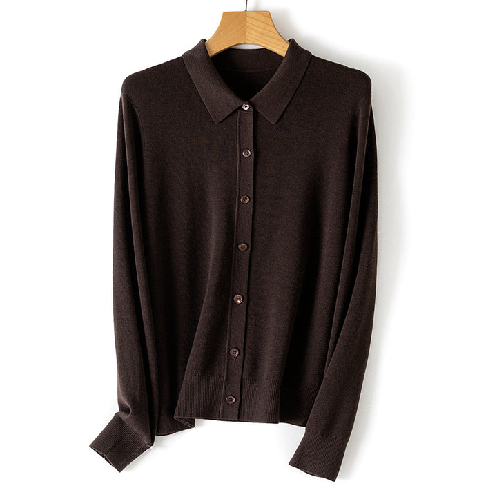 Women's Fine Button Cardigan with Shirt Collar and Fine Knit Mune Fashion