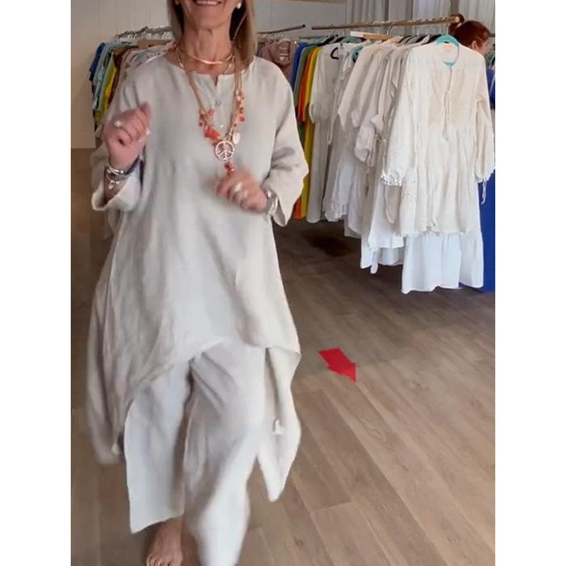 Women's Midi-Length Linen Tunic Set with Asymmetric Hem and Wide Palazzo Pants Mune Fashion