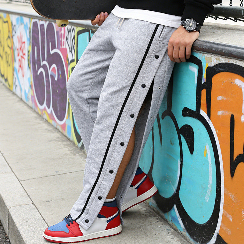 Men's button placket sweatpants with side snap buttons and drawstring