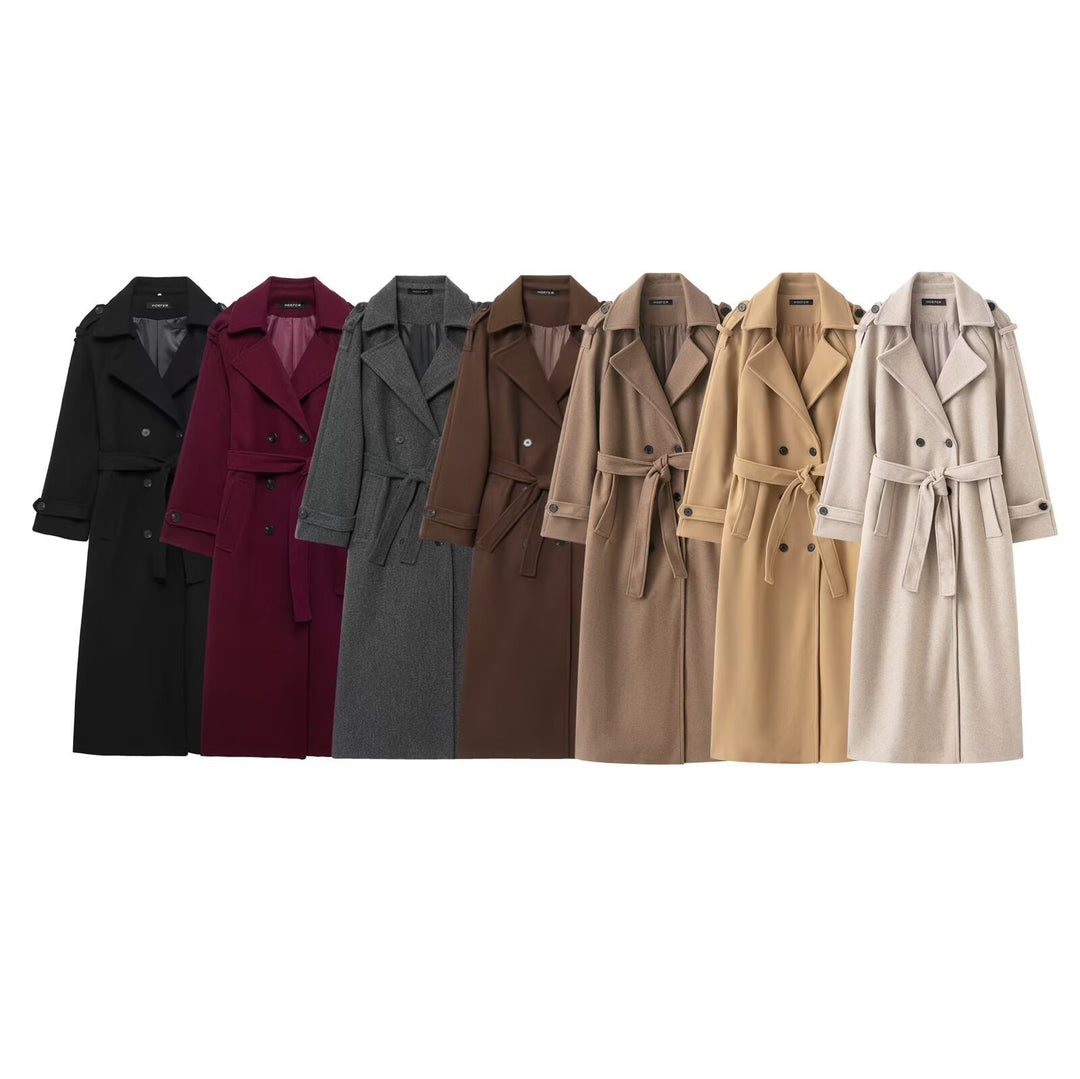 Women 100+ double-breasted maxi long coat in trench style with tie belt Mune Fashion