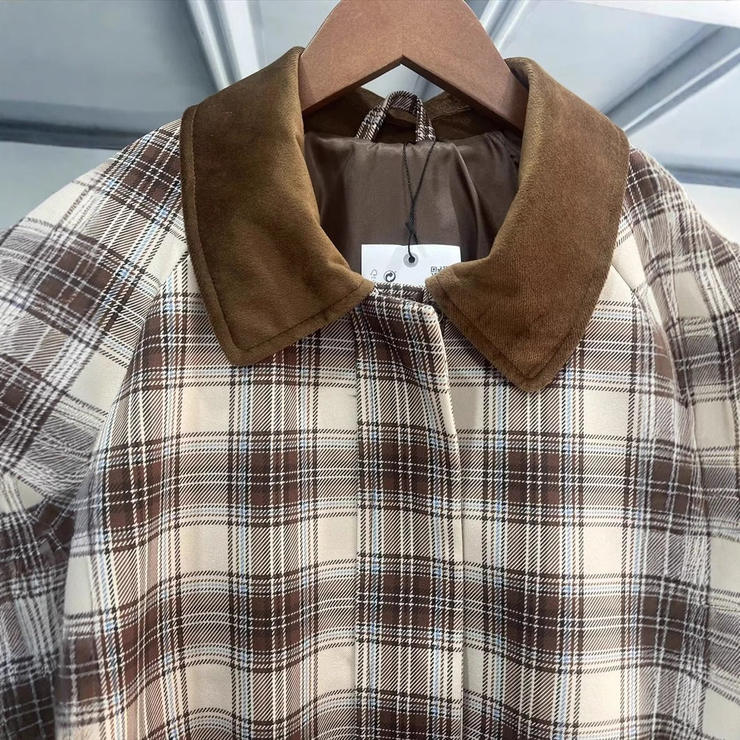 Women's checked transitional jacket with contrasting velvet collar, concealed front placket, and patch pockets Mune Fashion