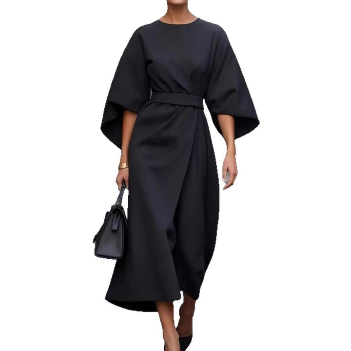 Women's minimalist evening dress with overlong wide sleeves and waist-sculpting pleat draping Mune Fashion
