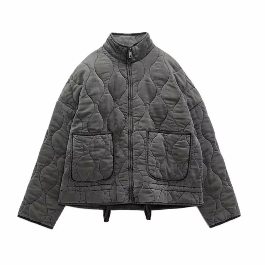 Unisex quilted jacket with stand-up collar, front pockets, and drawstring Mune Fashion