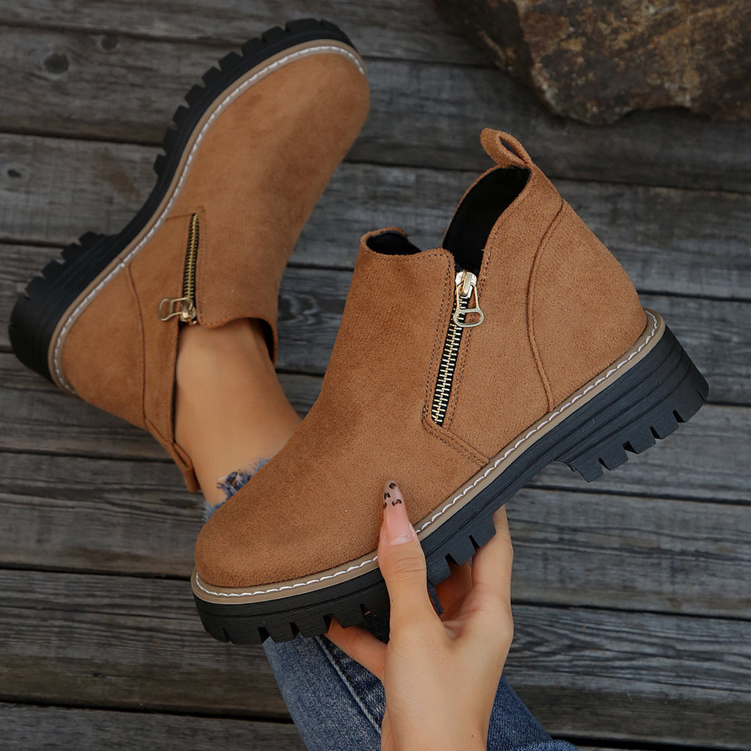 Women nan suede ankle boots with sturdy tread sole and side zipper Mune Fashion