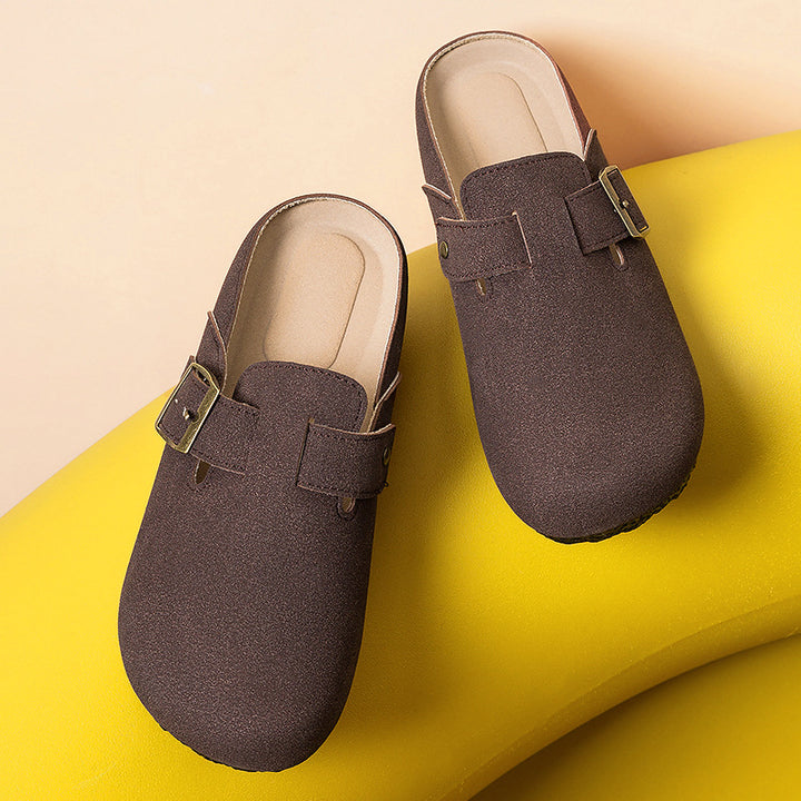 Women's comfortable nubuck slipper clog with adjustable brass buckle and ergonomic memory footbed Mune Fashion