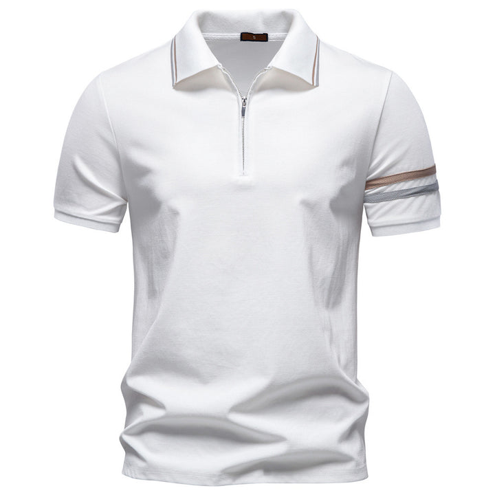 Men's breathable elastic polo shirt with short zipper and contrast stripes on sleeves Mune Fashion