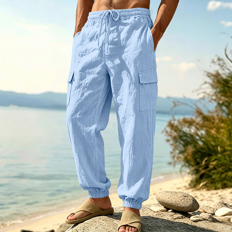 Men's lightweight cargo jogger pants made of linen blend with elastic drawstring waistband, patch flap pockets, and ribbed leg cuffs Mune Fashion