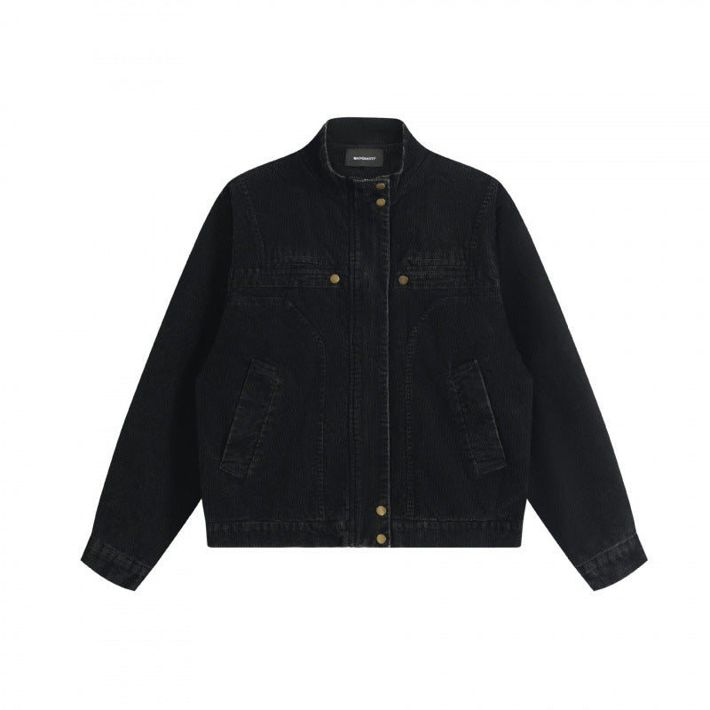 Unisex Cord-Boxy-Jacket with stand-up collar, hidden snap button placket and patch pockets Mune Fashion