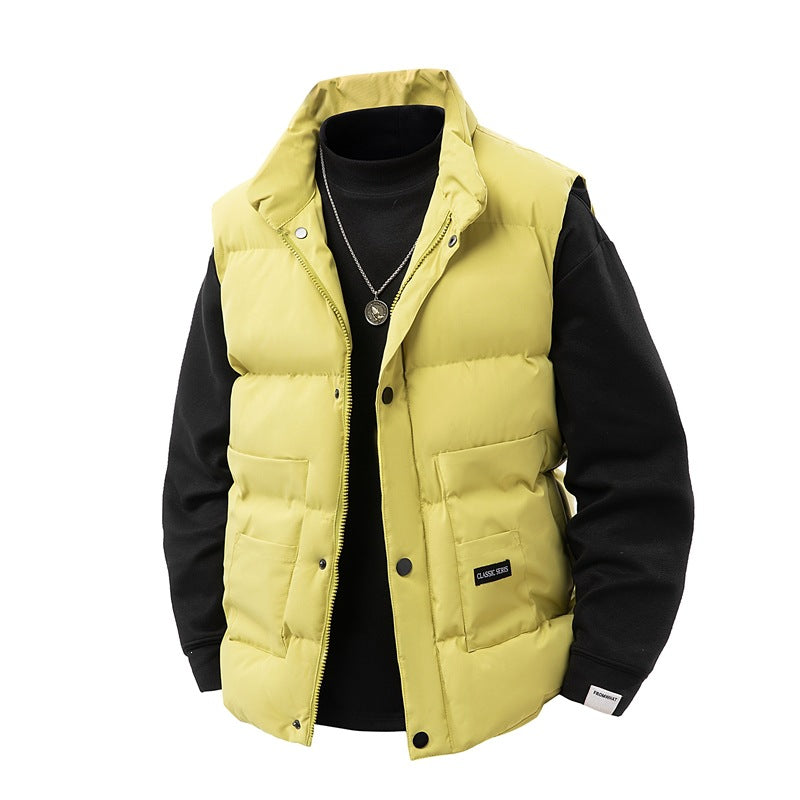 Men's thermo quilted vest with high collar trim, snap button front & mounted utility pockets Mune Fashion