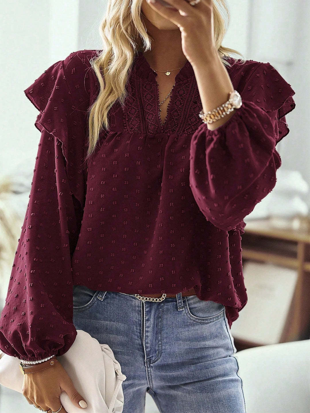 Women's viscose blouse with lace embroidery and ruffle sleeves Drune