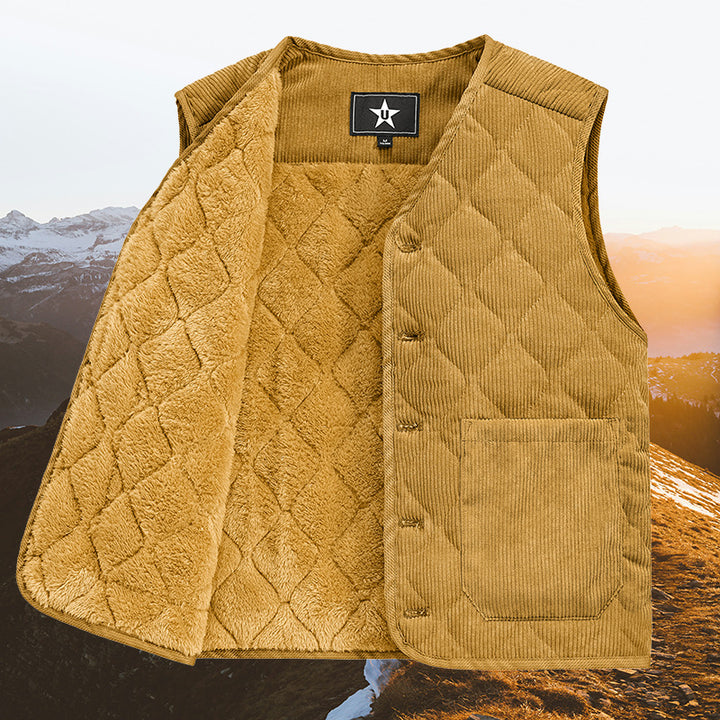 Men Quilted Cord Waistcoat with V-Neck and Patch Pockets Mune Fashion