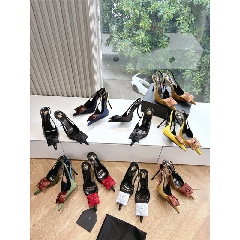 Women's lace Slingback stilettos with satin rose appliqué Mune Fashion