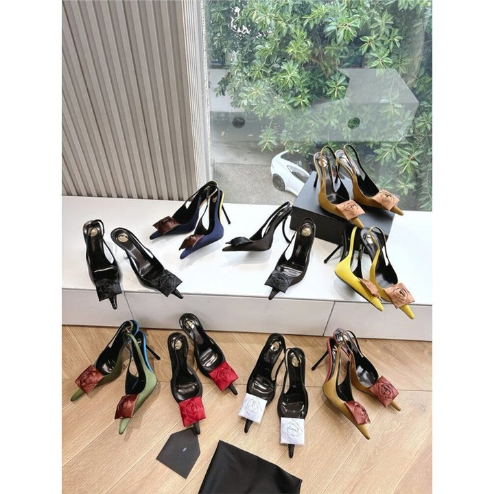 Women's lace Slingback stilettos with satin rose appliqué Mune Fashion