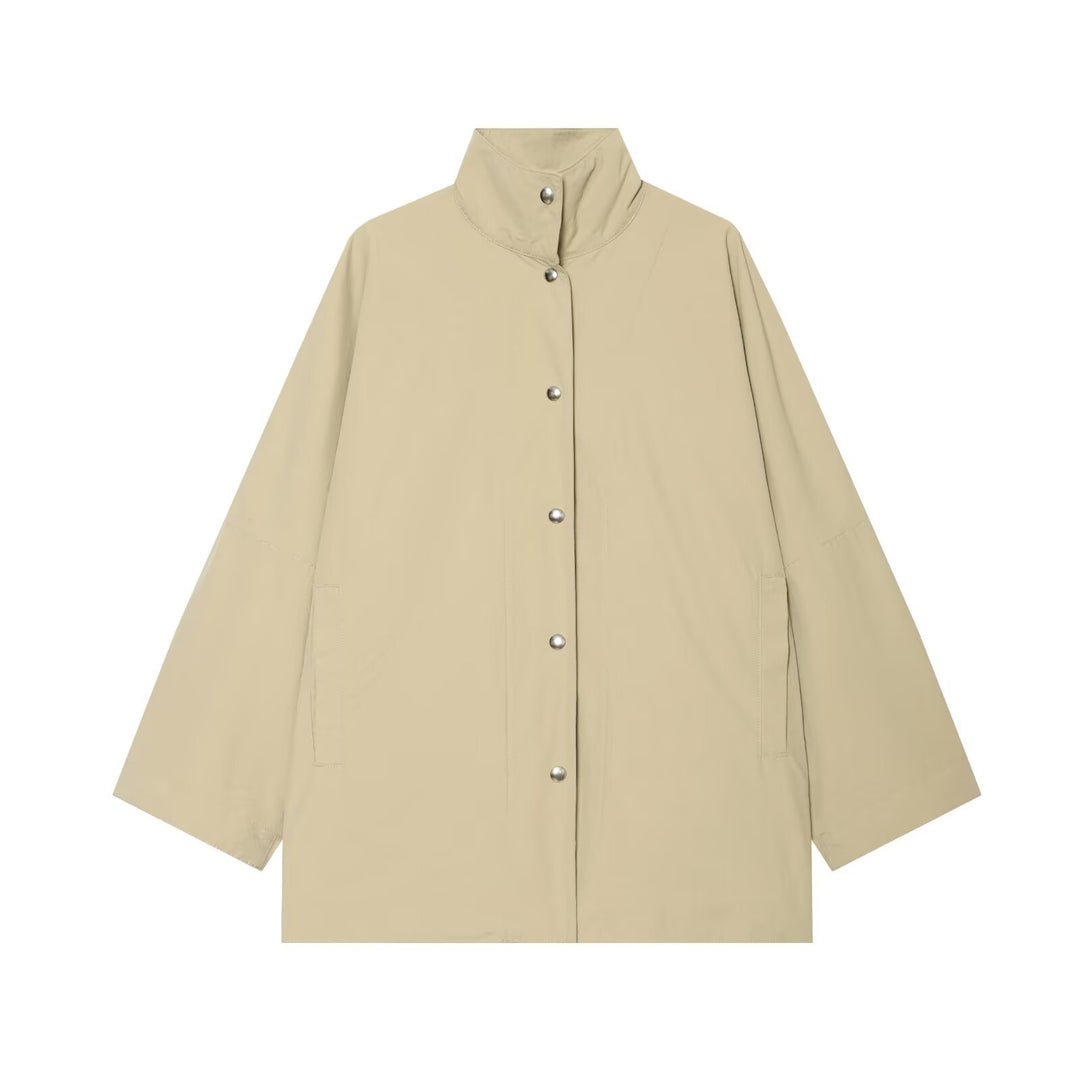 Women Oversize Rain Poncho Coat with Stand-Up Collar and Snap Button Placket Mune Fashion