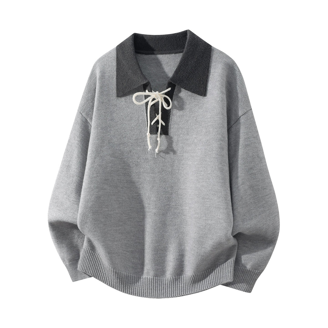 Men's Oversize Knit Sweater with Shirt Collar, Drawstring Neck Closure & Ribbed Finishes Mune Fashion