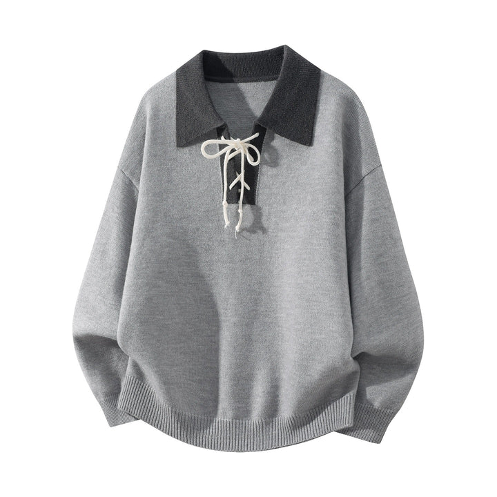 Men's Oversize Knit Sweater with Shirt Collar, Drawstring Neck Closure & Ribbed Finishes Mune Fashion