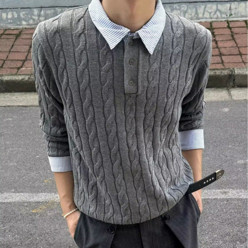 Men's Cable Knit Sweater with Shirt Collar Layering Effect Mune Fashion