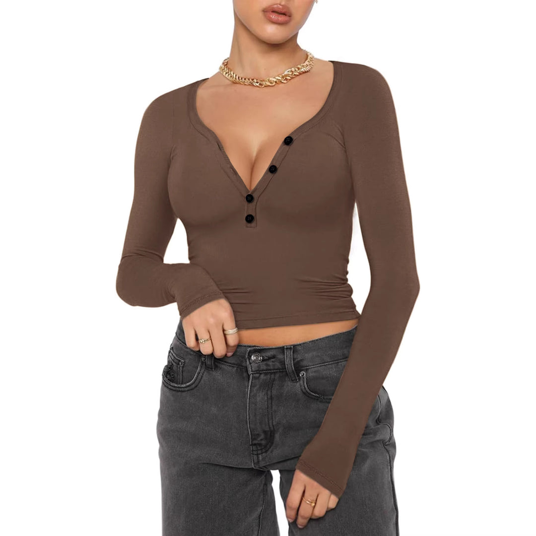 Women's fitted ribbed long sleeve with Henley button placket and deep V-neck Mune Fashion
