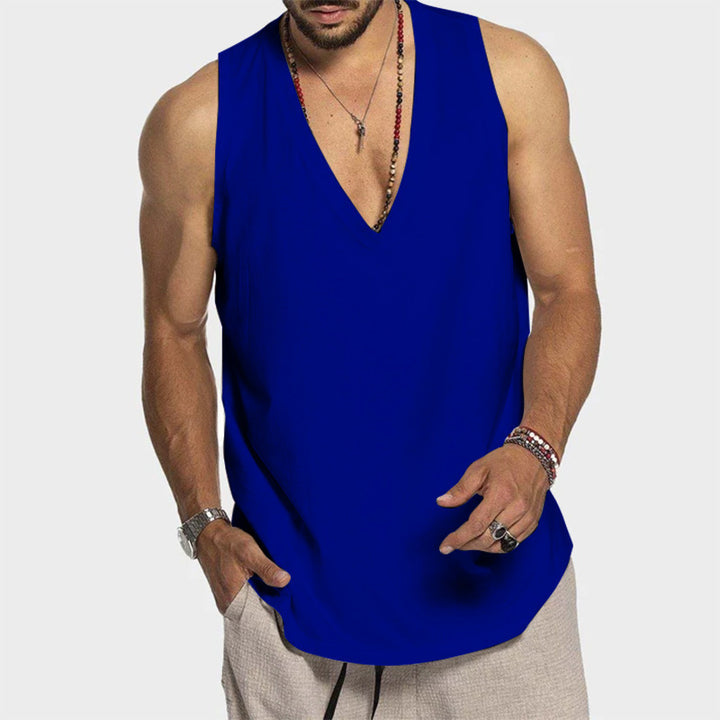 Men's deeply cut sleeveless top with V-neck and relaxed flowing fit Mune Fashion