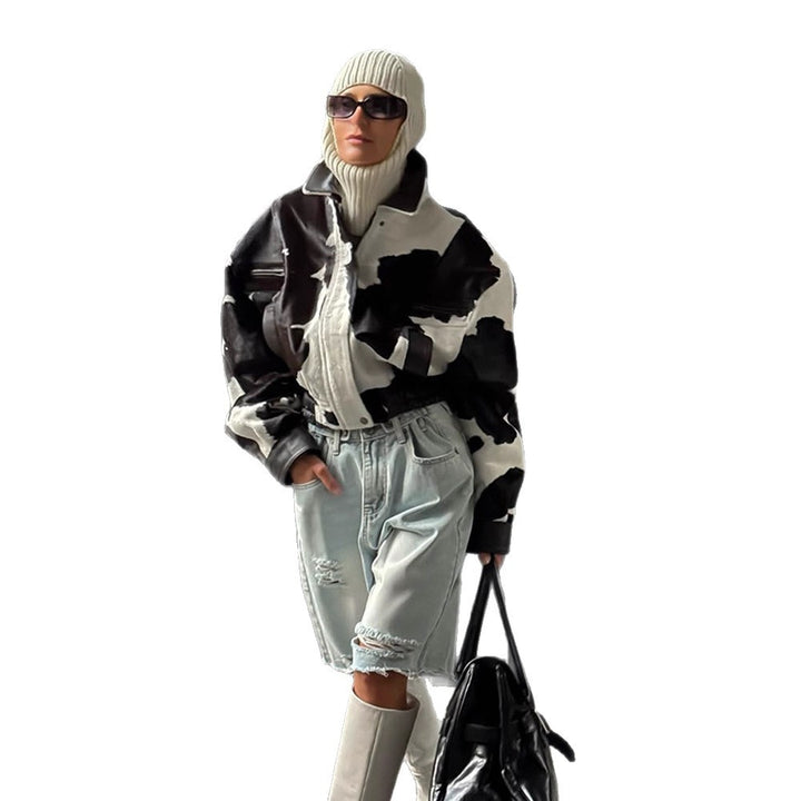 Women Short Cut Boxy Faux Fur Jacket in Cow Spot Pattern Mune Fashion