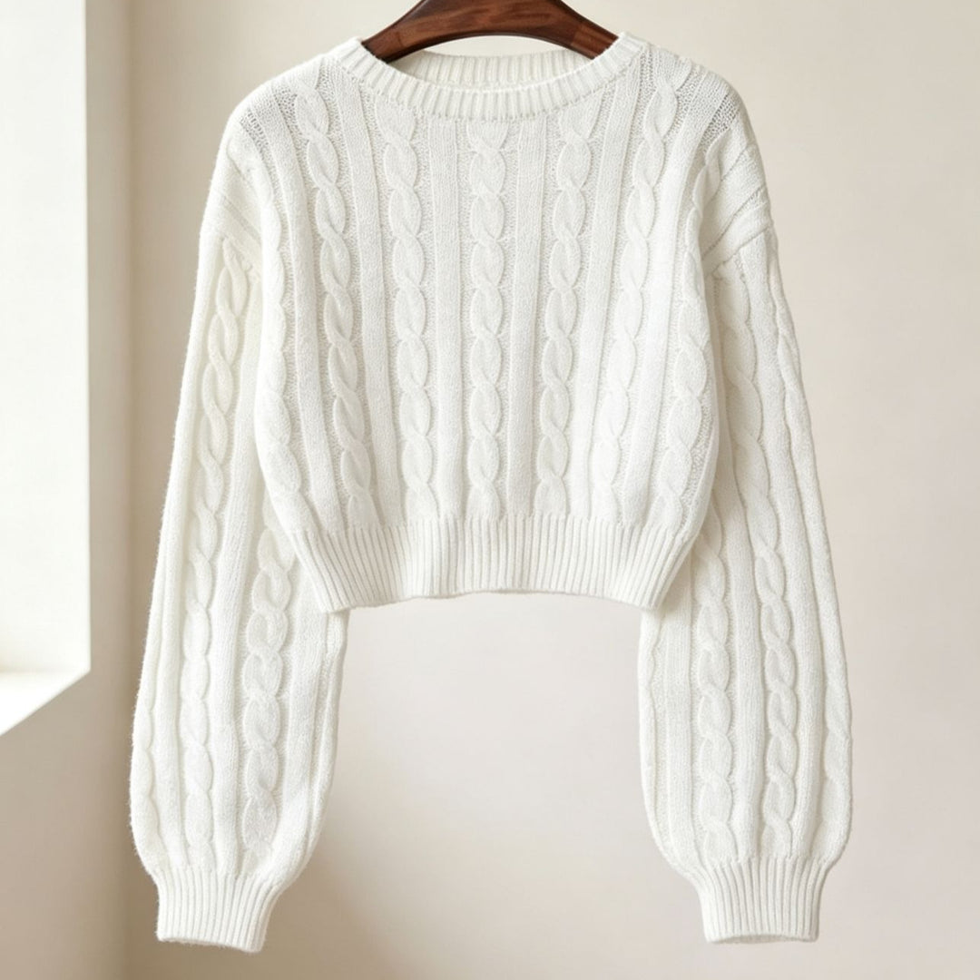 Women Cropped Cable Knit Sweater with Boxy Silhouette and Balloon Sleeves Mune Fashion