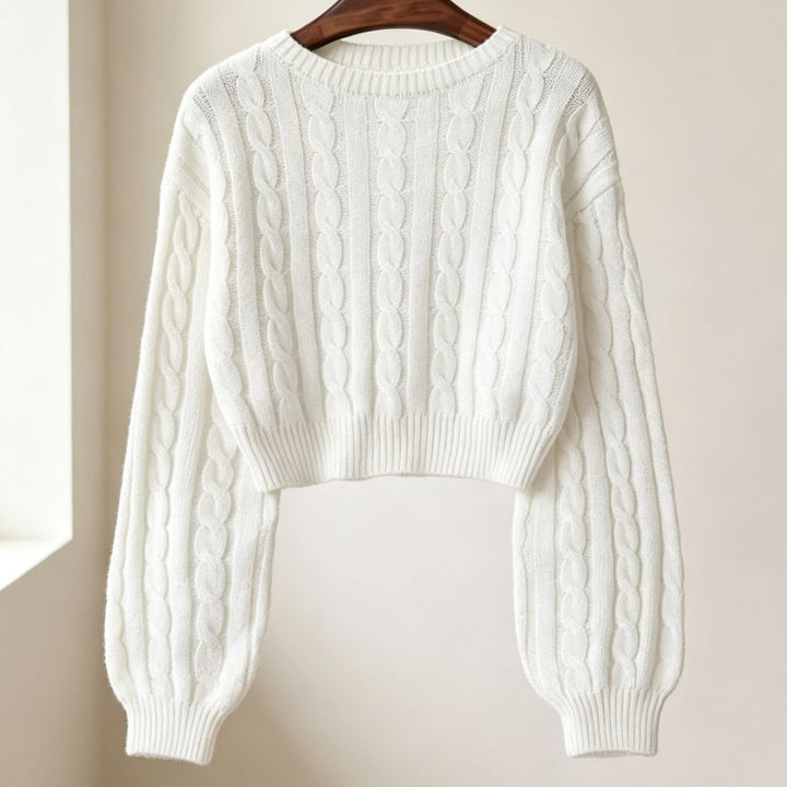 Women Cropped Cable Knit Sweater with Boxy Silhouette and Balloon Sleeves Mune Fashion
