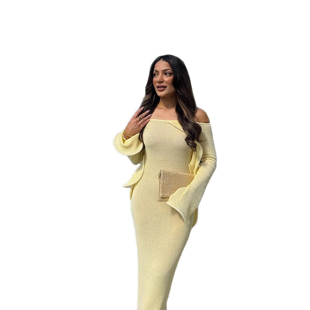 Women's Figure-Hugging Knit Maxi Dress with Off-the-Shoulder Neckline and Flared Sleeves Mune Fashion