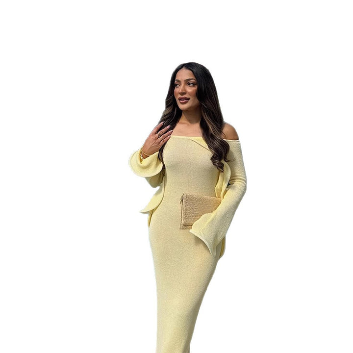 Women's Figure-Hugging Knit Maxi Dress with Off-the-Shoulder Neckline and Flared Sleeves Mune Fashion