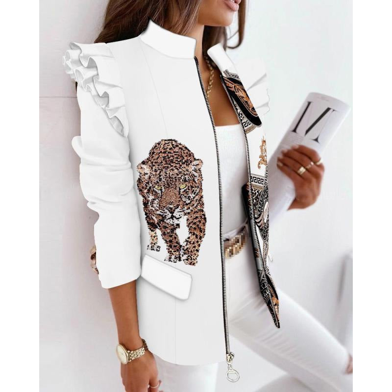 Women's leopard print statement jacket with ruffle shoulder and zipper Mune Fashion