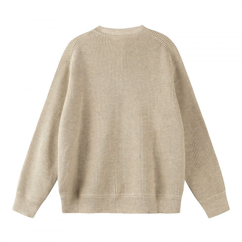 Unisex Boxy knit sweater with Henley neckline and textured waffle knit look Mune Fashion