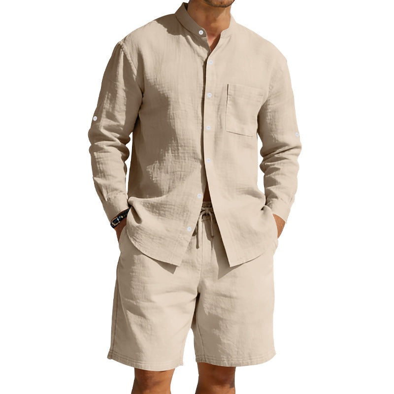 Men's casual linen set with stand collar shirt and drawstring shorts Mune Fashion