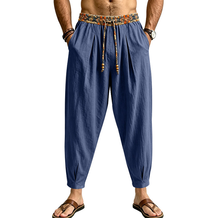 Men's Casual Harem Pants with Patterned Drawstring Waist and Tapered Ankle Cuffs Mune Fashion