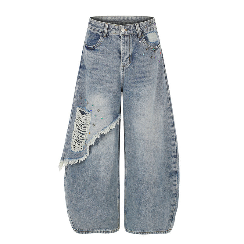 Women's high-waist wide palazzo jeans with asymmetric fringe detail and rhinestone application Mune Fashion