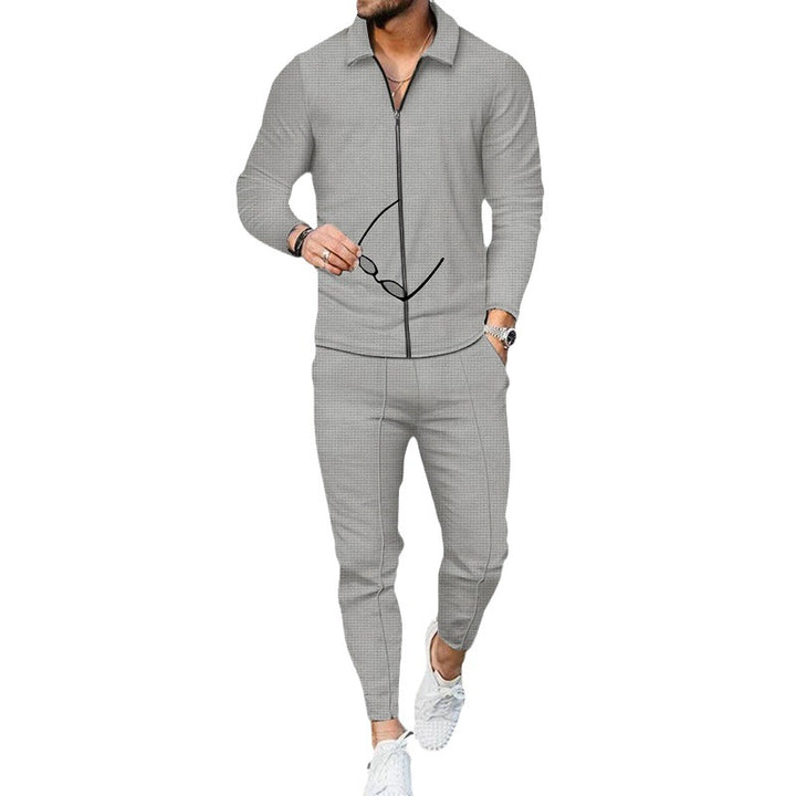 Men's casual waffle texture tracksuit with shirt collar, concealed zipper and drawstring pants Mune Fashion