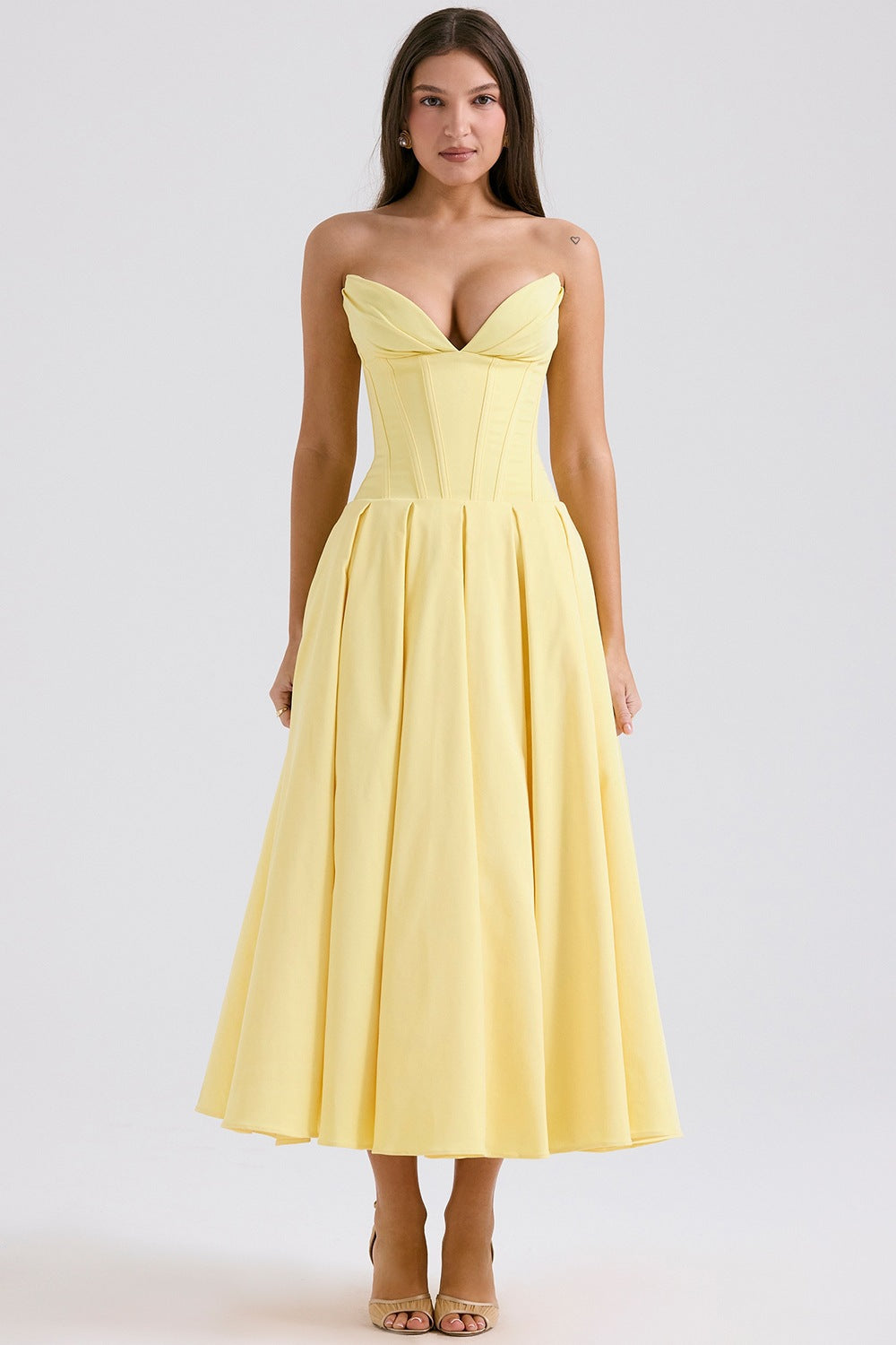 Women's strapless corset midi dress with pre-shaped bodice construction and flared circle skirt Mune Fashion