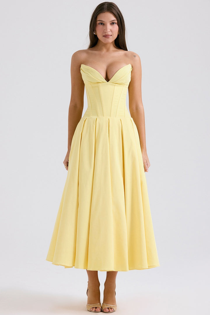 Women's strapless corset midi dress with pre-shaped bodice construction and flared circle skirt Mune Fashion