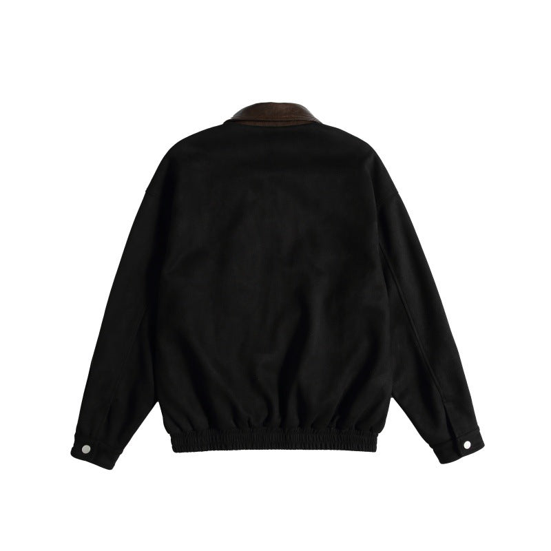 Women's short cut boxy bomber jacket with contrasting faux leather collar Mune Fashion