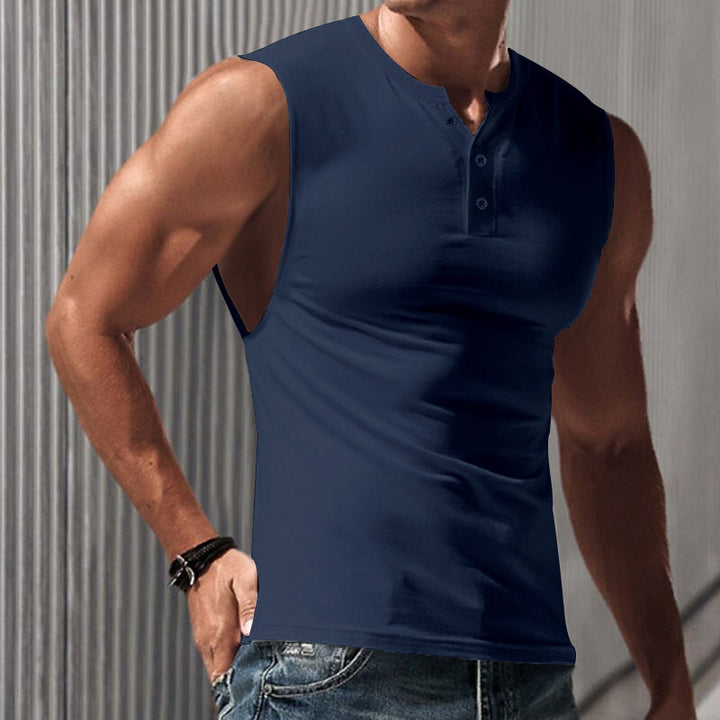 Men's sleeveless muscle shirt with Henley button placket, deep armhole, and elastic cotton blend Mune Fashion