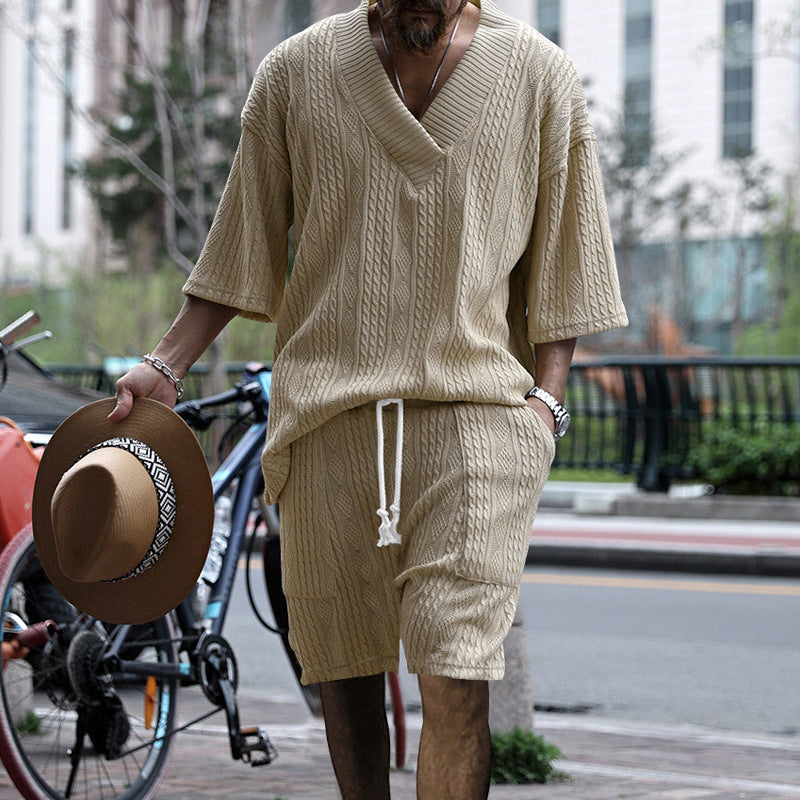 Men's urban braid knit two-piece with deep V-neck, boxy fit and drawstring shorts Mune Fashion