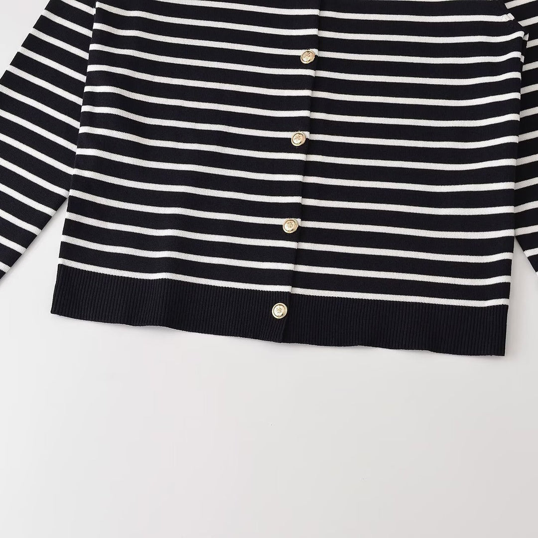 Ladies Striped Fine Knit Cardigan with Round Neck and Decorative Buttons Mune Fashion
